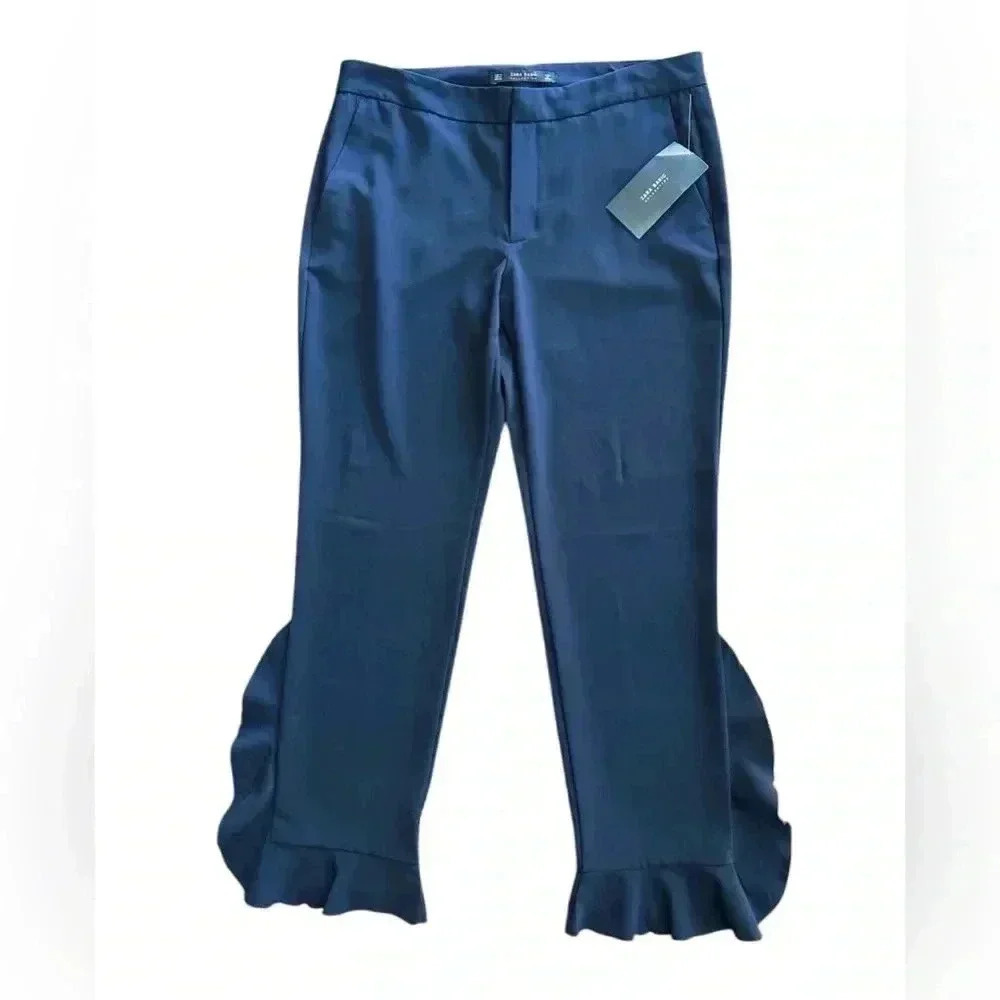 NWT Zara Pants Trousers Navy Blue Size Medium Ruffle Office Work Interview